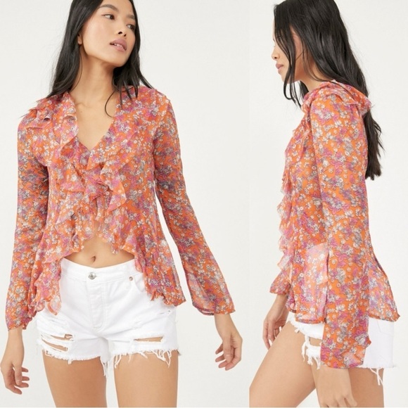 Free People Nina Printed Top Tulips XS Ditsy Floral V Neck Plunge Ruffles Sheer - Picture 4 of 15